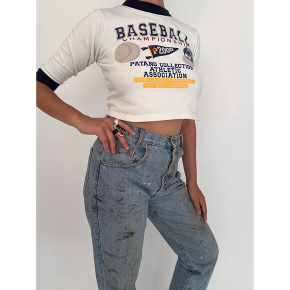 y2K vintage baseball varsity retro graphic boys cotton cropped tee shirt top - Picture 6 of 9